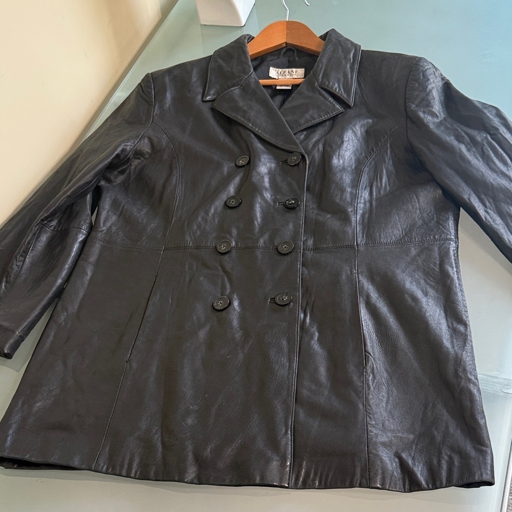 Leather Jacket Women Alfani Black Leather Trench Coat Size XL - Picture 4 of 7